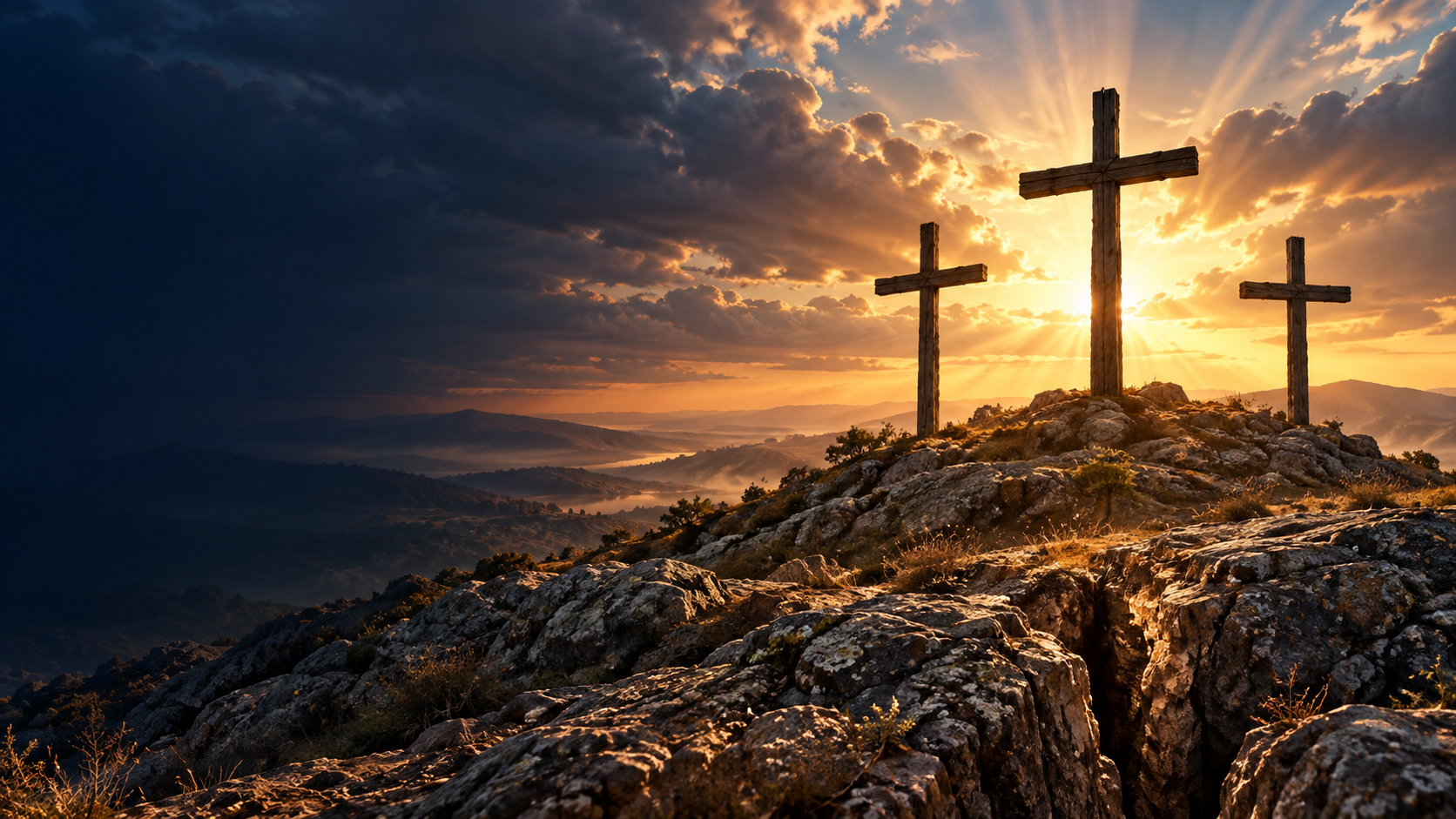 Artistic sunrise over a rocky hill with three empty wooden crosses