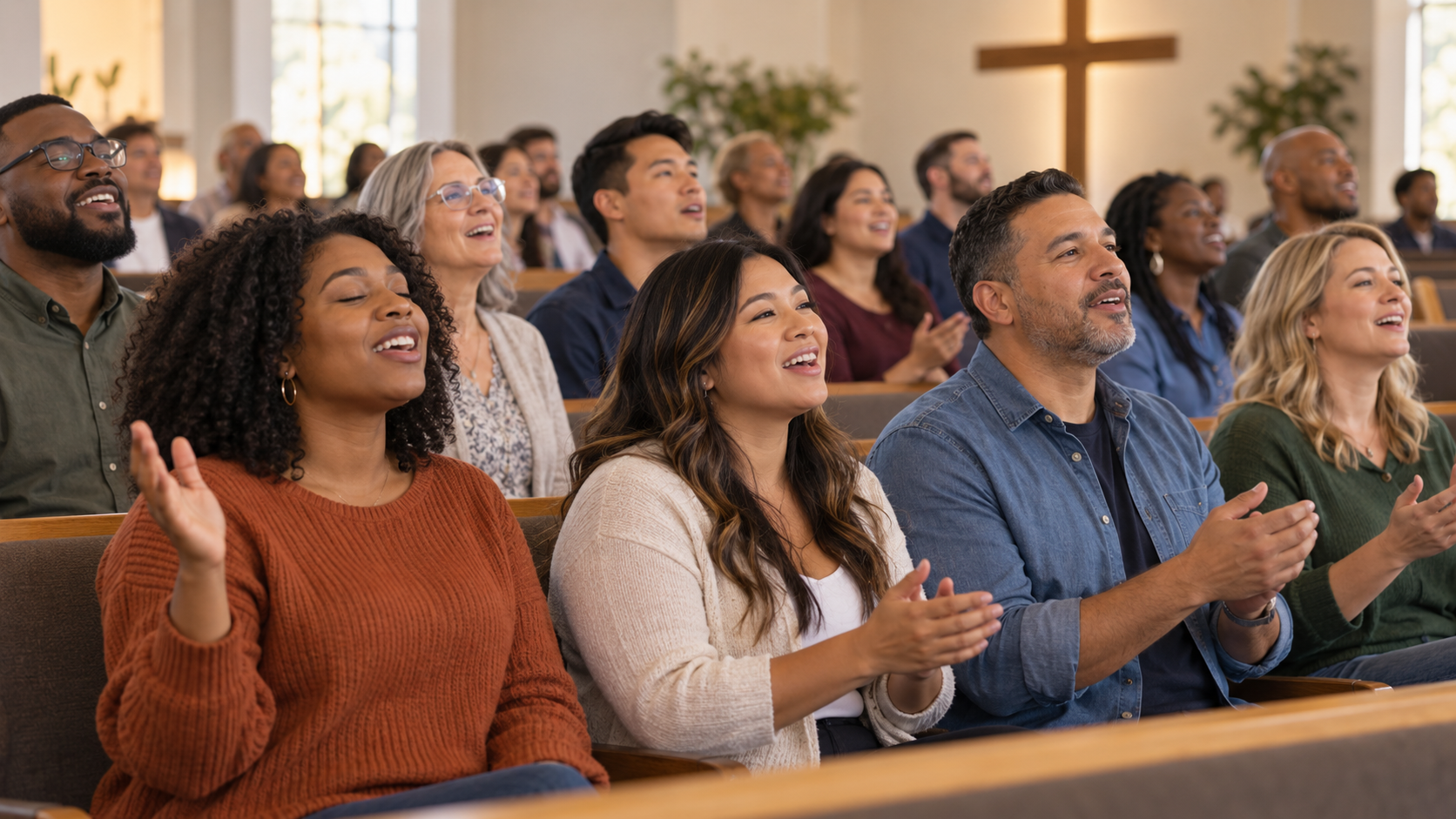 Illustrative image of a diverse congregation sharing a warm moment of worship